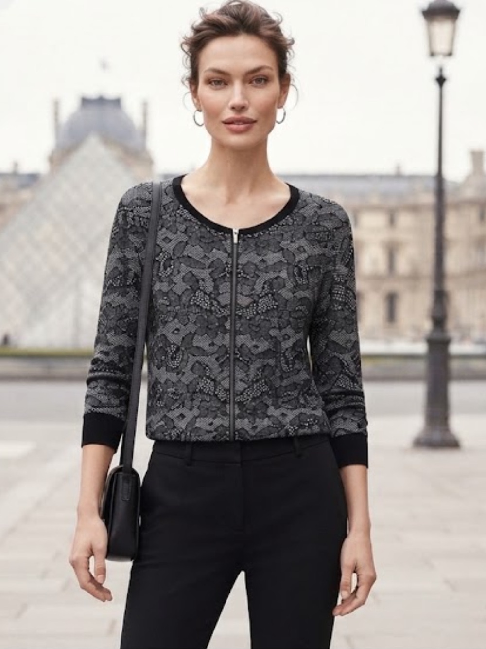 Ann Taylor Elegant Black Lace Print Women's Zipper Cardigan